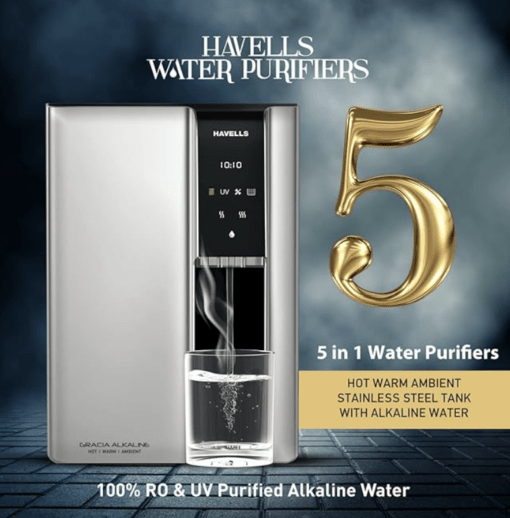 Havells Gracia Alkaline Water Purifier (Silver & Black), RO+UV+Alkaline, Hot, Warm & Ambient Water, Copper+Zinc, 8 Stage Purification, 7.5L SS Tank, Suitable for Borwell, Tanker & Municipal Water - Image 2